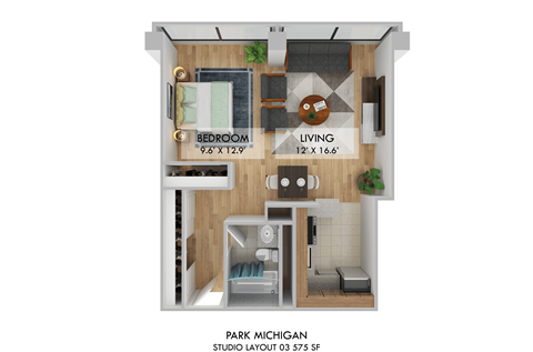 Floor plan for studio, 1 bath, 575 sqft