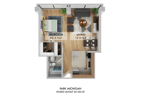 Floor plan for studio, 1 bath, 555 sqft