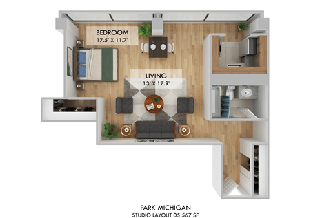 Floor plan for studio, 1 bath, 567 sqft