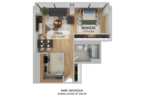 Floor plan for studio, 1 bath, 555 sqft