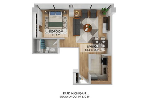 Floor plan for studio, 1 bath, 570 sqft