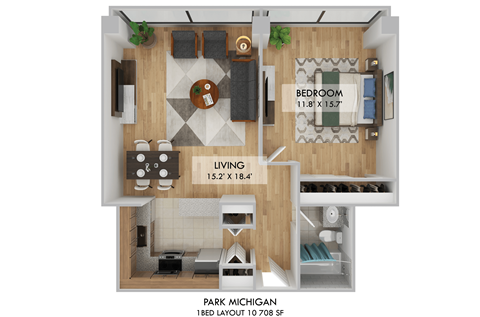 Floor plan for 1 bed, 1 bath, 708 sqft