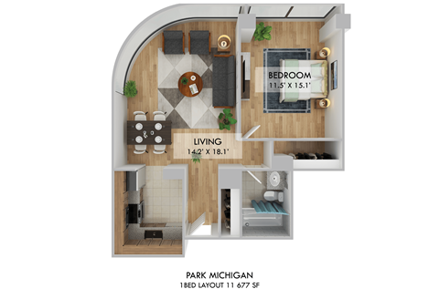 Floor plan for 1 bed, 1 bath, 677 sqft
