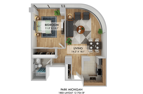 Floor plan for 1 bed, 1 bath, 704 sqft