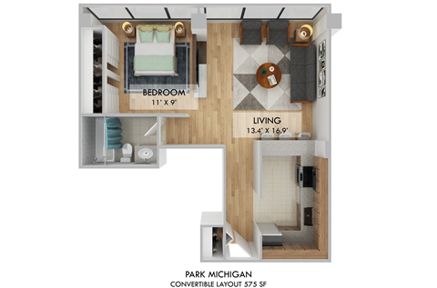 Floor plan for studio, 1 bath, 570 sqft