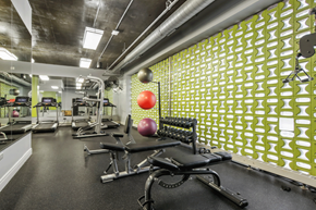 Chicago apartment for rent - A gym with a green wallpaper and a red ball.
