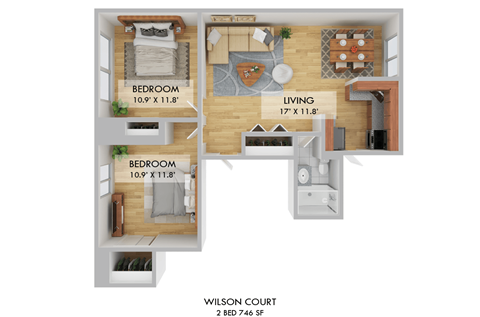 Floor plan for 2 beds, 1 bath, 630 sqft
