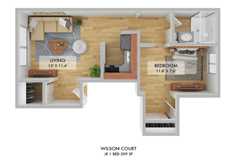 Floor plan for 1 bed, 1 bath, 509 sqft