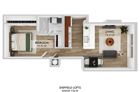 Floor plan for 1 bed, 1 bath, 730 sqft