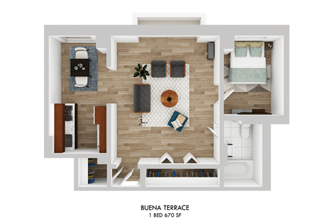 Floor plan for 1 bed, 1 bath, 670 sqft