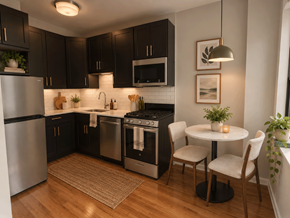 Chicago apartment for rent - A modern kitchen with dark wood cabinets and stainless steel appliances.
