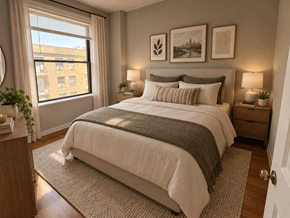 Chicago apartment for rent - A bedroom with a large bed and a window overlooking a cityscape.