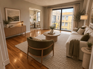 Chicago apartment for rent - A living room with a brown chair and a white couch.