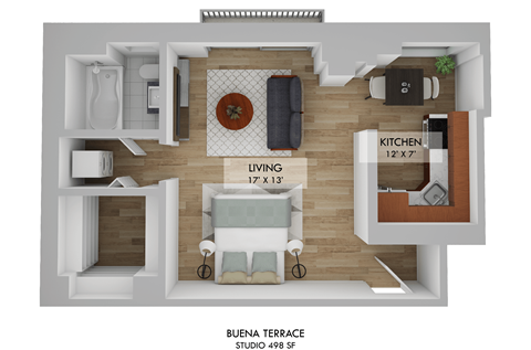 Floor plan for studio, 1 bath, 590 sqft