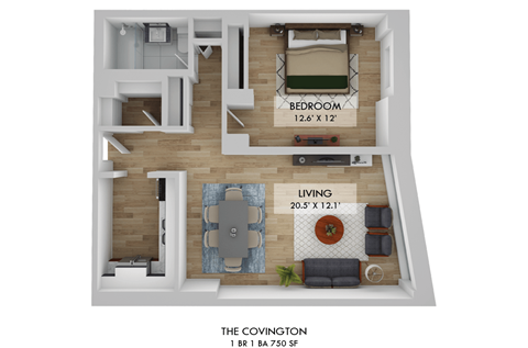 Floor plan for 1 bed, 1 bath, 750 sqft