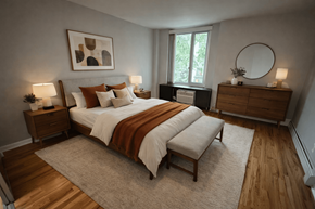 Chicago apartment for rent - A bedroom with a large bed, a nightstand, and a side table with lamps.