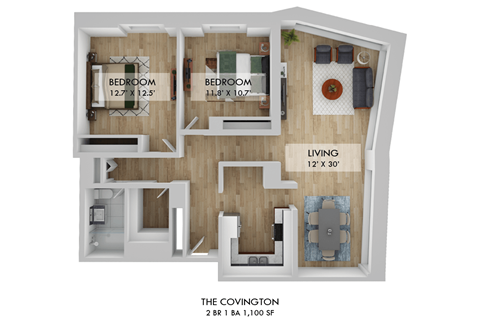 Floor plan for 2 beds, 1 bath, 1100 sqft