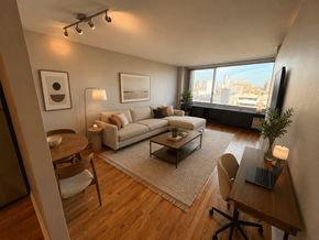 Chicago apartment for rent - A modern living room with a large window overlooking the city.