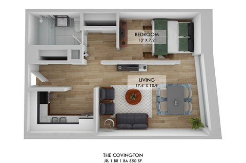 Floor plan for 1 bed, 1 bath, 550 sqft