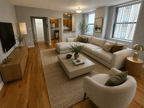 Chicago apartment for rent - A living room with a white couch and a grey armchair.
