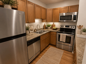 Chicago apartment for rent - A modern kitchen with wooden cabinets and stainless steel appliances.