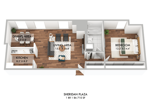 Floor plan for 1 bed, 1 bath, 712 sqft