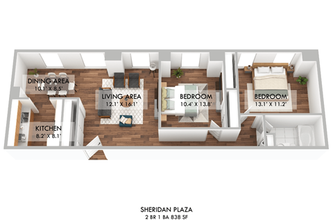 Floor plan for 2 beds, 1 bath, 890 sqft