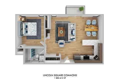 Floor plan for 1 bed, 1 bath, 615 sqft
