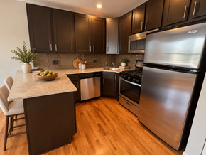 Chicago apartment for rent - A modern kitchen with dark wood cabinets and stainless steel appliances.