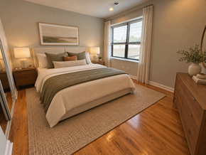 Chicago apartment for rent - A bedroom with a large bed, two lamps, and a painting on the wall.
