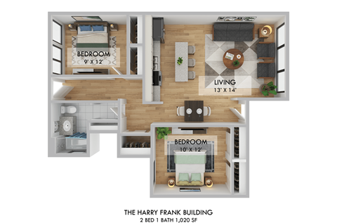 Floor plan for 2 beds, 1 bath, 1020 sqft