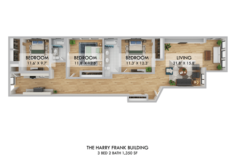 Floor plan for 3 beds, 2 baths, 1350 sqft