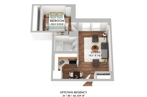 Floor plan for 1 bed, 1 bath, 414 sqft