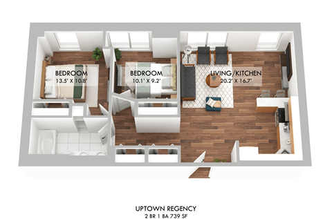 Floor plan for 2 beds, 1 bath, 700 sqft