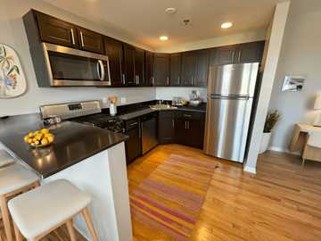 Chicago apartment for rent - a kitchen with stainless steel appliances and black counter tops and wooden flooring