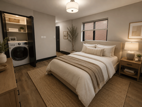 Chicago apartment for rent - A bedroom with a bed, nightstand, and a washing machine in the laundry area.