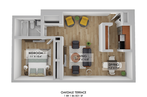 Floor plan for 1 bed, 1 bath, 578 sqft