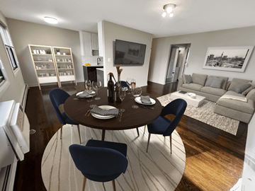 Chicago apartment for rent - a living room and dining room with a table and chairs