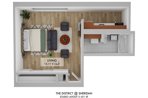 Floor plan for studio, 1 bath, 480 sqft
