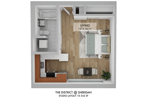 Floor plan for studio, 1 bath, 375 sqft