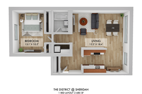 Floor plan for 1 bed, 1 bath, 750 sqft