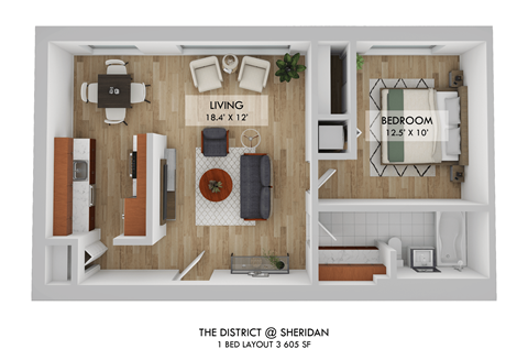 Floor plan for 1 bed, 1 bath, 660 sqft