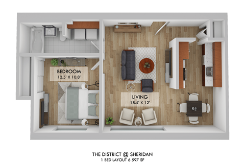 Floor plan for 1 bed, 1 bath, 650 sqft