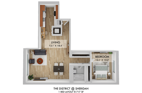 Floor plan for 1 bed, 1 bath, 770 sqft
