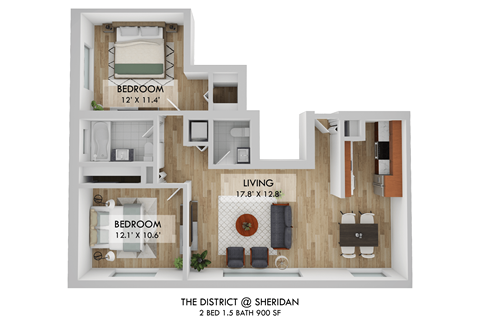 Floor plan for 2 beds, 1.5 baths, 900 sqft