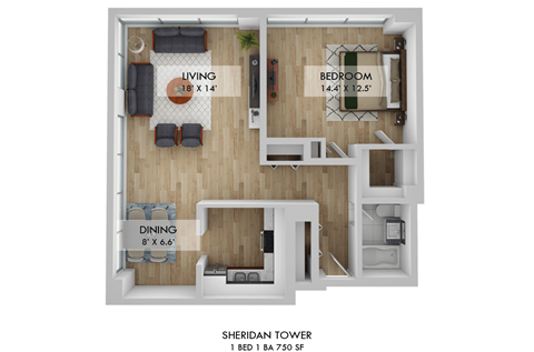 Floor plan for 1 bed, 1 bath, 800 sqft