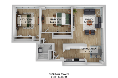 Floor plan for 2 beds, 1 bath, 875 sqft