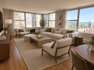 Chicago apartment for rent - A living room with a large window overlooking the city.