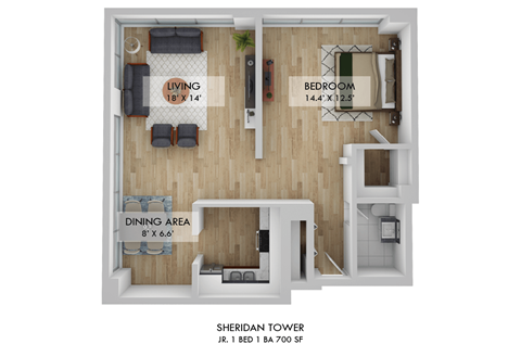 Floor plan for 1 bed, 1 bath, 700 sqft