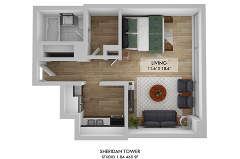 Floor plan for studio, 1 bath, 600 sqft